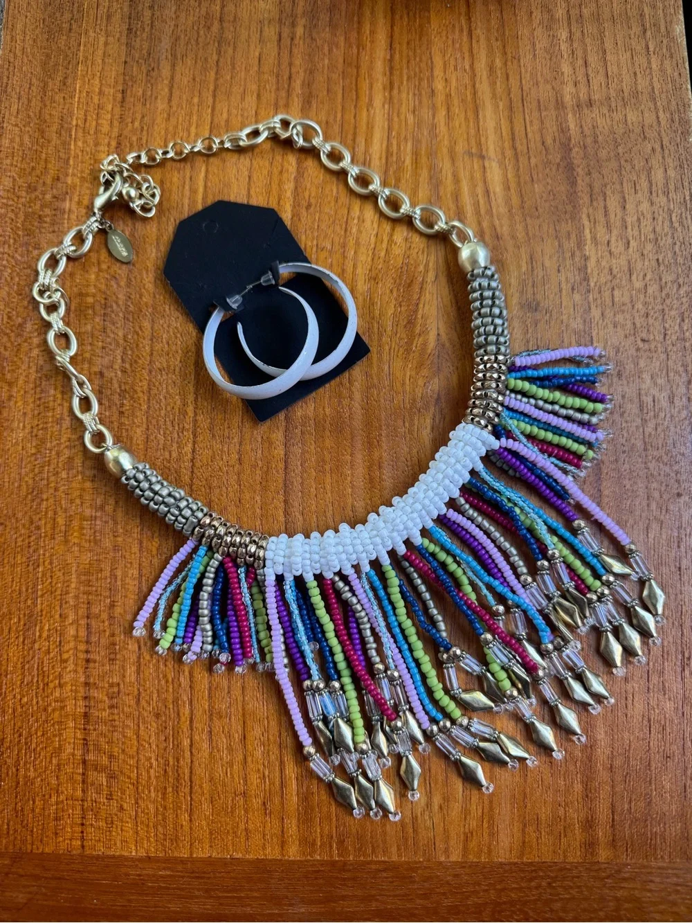 Chico's Gold-Tone Multicolor Seed Bead Fringe Necklace-Metal Hoop Earrings